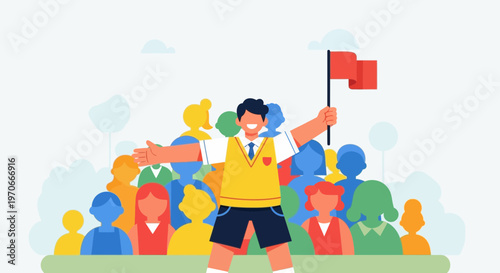 Young Leader Guides Diverse Crowd With A Flag