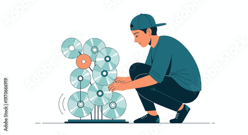 Young Person Arranging Circular Media Discs On Stand