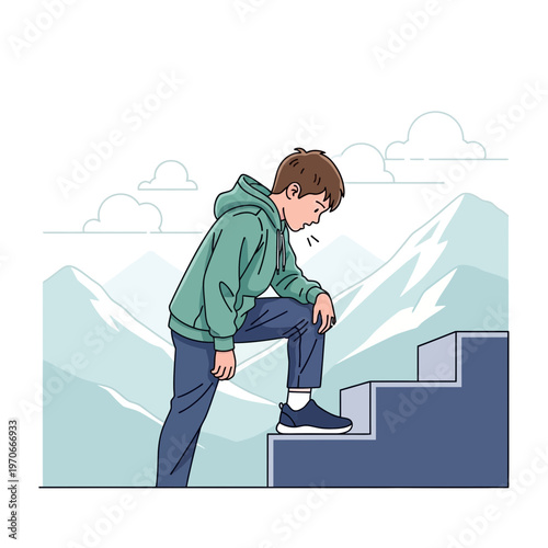 Young Person Ascending Stairs Towards Mountain Peaks Ambition And Determination