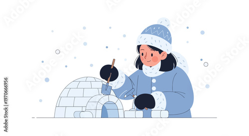 Young Person Building An Igloo In A Snowy Landscape Creating A Cozy Winter Dwelling
