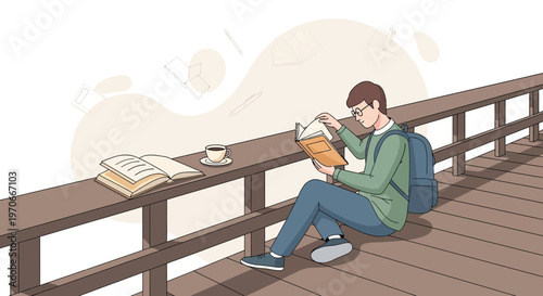 Young Man Enjoys Quiet Reading Session Outdoors With Coffee