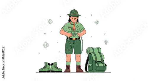 Young Scout Master Demonstrates Knot Tying Skills With Backpack And Boots