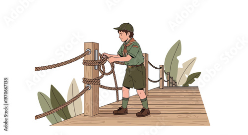 Young Scout Master Demonstrates Rope Tying Skills On Wooden Boardwalk