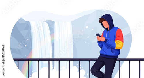 Young Man Gazing At Waterfall While Texting On His Phone