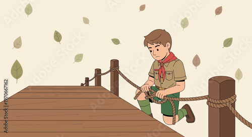 Young Scout Practicing Knot Tying Skills On A Wooden Dock
