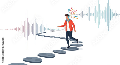 Young Person Enjoying Music And Visual Soundwaves