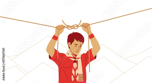 Young Scout Master Demonstrating Knot Tying Skills In Outdoor Setting