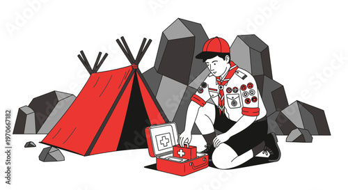 Young Scout Prepares First Aid Kit For Camping Adventure Amidst Rocky Landscape