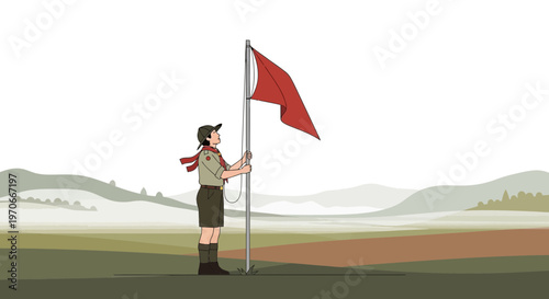 Young Scout Raises Red Flag Against Scenic Mountain Backdrop