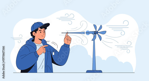 Young Person Interacts With Wind Turbine Showing Airflow Dynamics