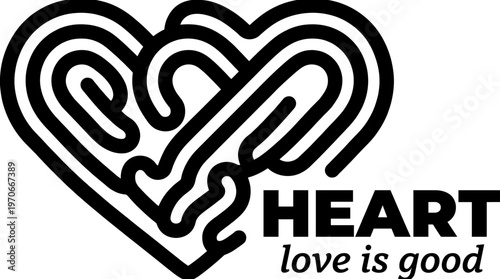 Black silhouette vector illustration of maze-style heart design with bold typography and italicized love-themed message for branding