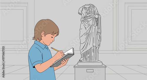 Young Student Sketches Ancient Statue During Museum Visit