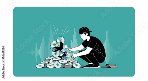 Young Person Organizing A Stack Of CDs With Music Wave Background