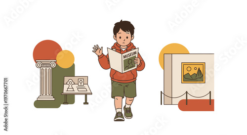 Young Visitor Explores Museum Exhibits With Guidebook