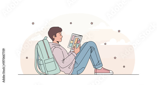 Young Person Reading Comic Book Relaxing Outdoors With Backpack