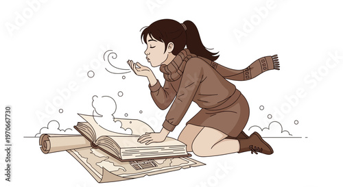 Young Woman Blowing On Pages Of Open Book Surrounded By Scrolls And Maps