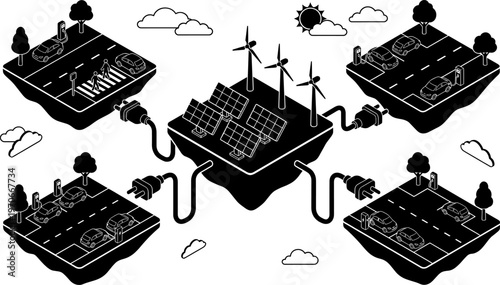 Black silhouette vector illustration of renewable energy distribution with solar panels, wind turbines, and connected floating islands for sustainability