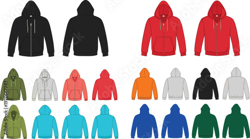 Set of Hoodies in Various Colors and Styles with Zippers for Casual Fashion, Streetwear, and Clothing Illustrations