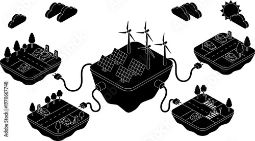 Black silhouette vector illustration of renewable energy ecosystem with solar panels, wind turbines, and connected landmasses for sustainable power