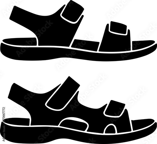 Black silhouette vector illustration of sandals featuring open-toe designs with multiple straps, back support, and ventilated cut-out details