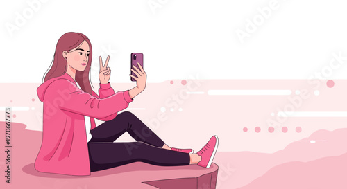 Young Woman Capturing A Scenic View While Making Peace Sign