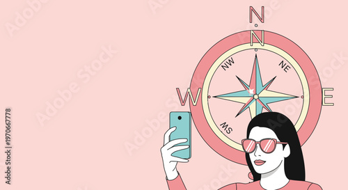 Young Woman Captures Directional Journey With Compass And Smartphone