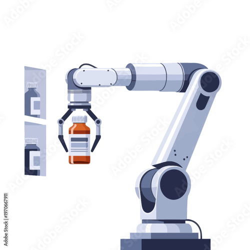 Robotic Arm Handling Medicine Bottle Vector Illustration for Pharmaceutical Industry Automation and Manufacturing Process Concept