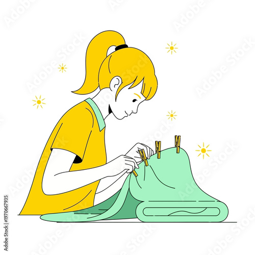 Young Woman Hanging Laundry On A Clothesline With Clothespins Sunshine And Breeze