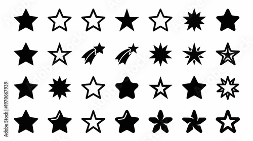 A collection of various star shapes and designs in black and white, featuring solid, outlined, and exploding star icons.