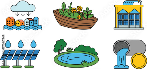 Vector icon set of environmental sustainability themes including urban flooding, rain gardens, solar panels, water filtration, and eco-friendly drainage systems.