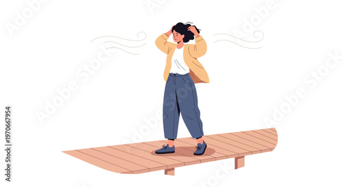 Young Woman Holding Head In Windy Outdoor Setting