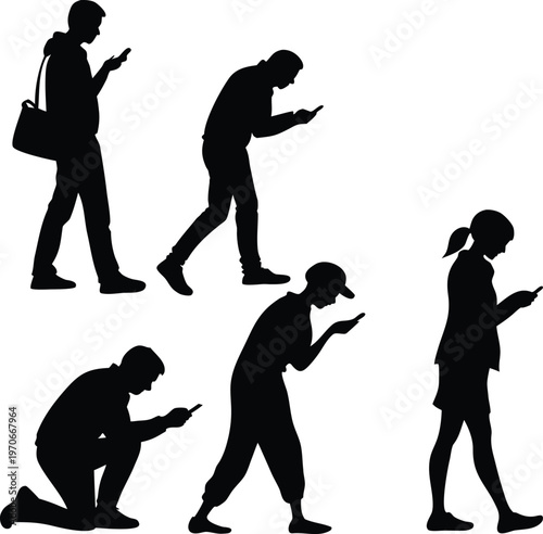 Black silhouette people using smartphones, group of men and women looking at mobile phones, set of 5 vector figures with cellphones