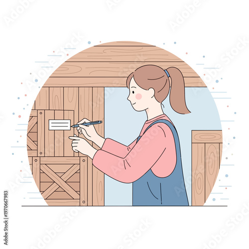 Young Woman Labeling Wooden Crates in a Warehouse Setting