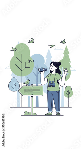 Young Woman Observing Birds in a Lush Forest Setting