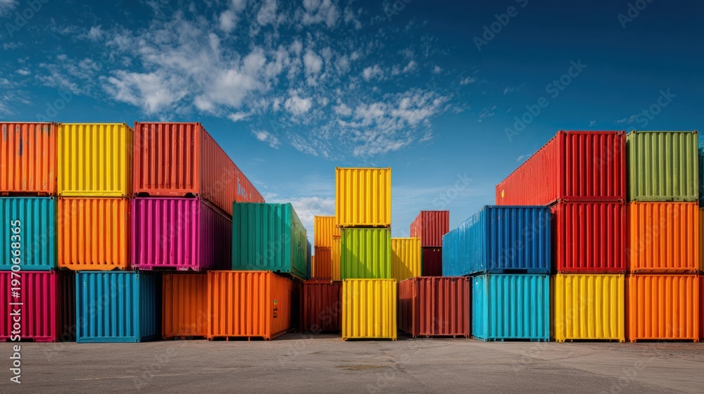 Fototapeta premium Colorful shipping containers stacked at a port or storage facility with bright blue sky in the background