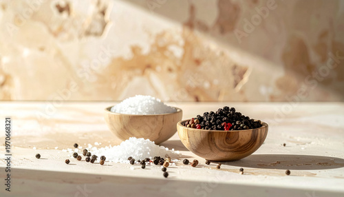 Minimalist peppercorns and sea salt on travertine