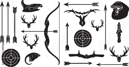 Archery icons set with arrows and targets and deer horns