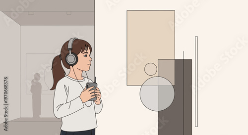 Youthful Explorer Engaged With Modern Art And Auditory Immersion
