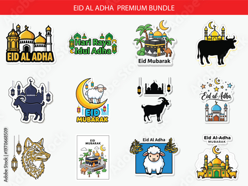 Eid al adha bundle graphics with various animal and building illustrations
