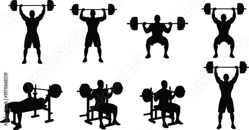 Black silhouette vector illustration of eight individuals performing barbell exercises including squats, presses, and bench movements, symbolizing strength training, bodybuilding, and fitness routines