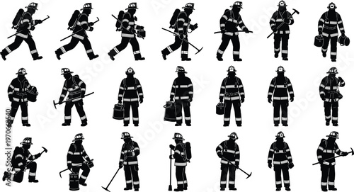 Black silhouette vector illustration of firefighters in protective gear including helmets, jackets, and boots, performing various poses and actions with firefighting tools such as hoses and axes