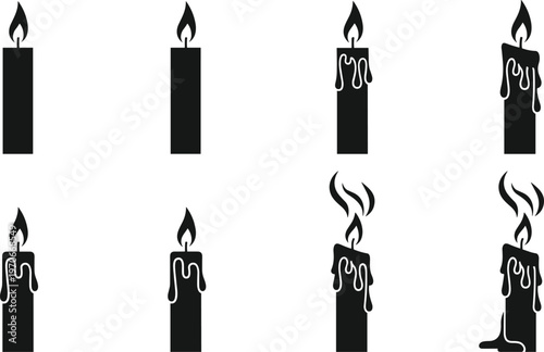 Black silhouette vector illustration of eight burning candles arranged in sequence, showing gradual melting process with dripping wax, shrinking flames, and smoke rising above