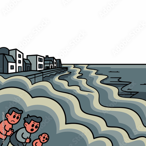 Worried people watching rising sea levels threatening coastal town buildings in a flat vector illustration style concept showing environmental crisis and climate change