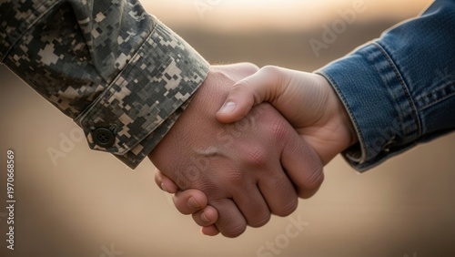 Military and civilian handshake agreement.