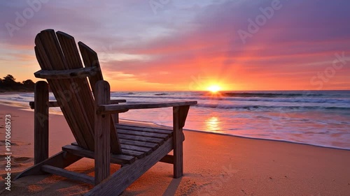 A solitary wooden chair faces a vibrant sunset over the ocean waves on a sandy beach, evoking tranquility and relaxation