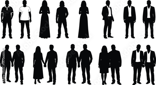 Black silhouette vector illustration of people in casual and formal clothing, standing individually and in pairs, showing diverse human poses, relationships, and attire styles