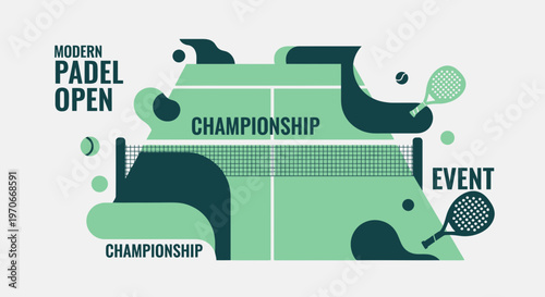 Modern Padel Championship Event: Stylish Illustration Featuring Court, Rackets, and Ball, Design