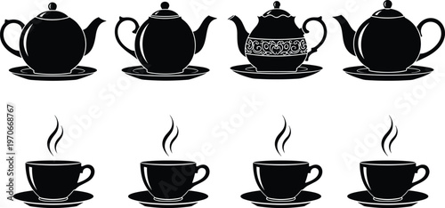 Black silhouette vector illustration of teapots and steaming teacups on saucers, showcasing different designs and shapes in minimalist tea and beverage artwork