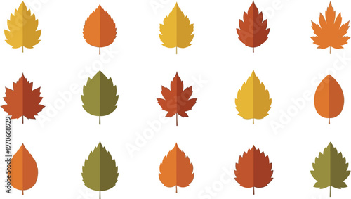 Vibrant autumn leaf collection, showcasing diverse fall colors and shapes in a clean flat design. Perfect seasonal graphics and nature-inspired design elements