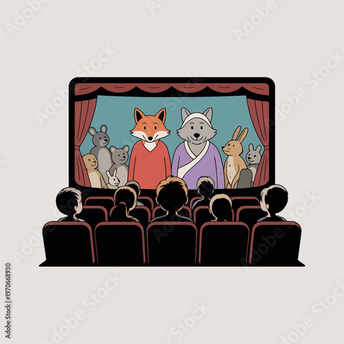 Animated animal characters performing a theatrical play on a stage viewed by a silhouetted audience seated in a darkened cinema hall with red curtains and soft lighting